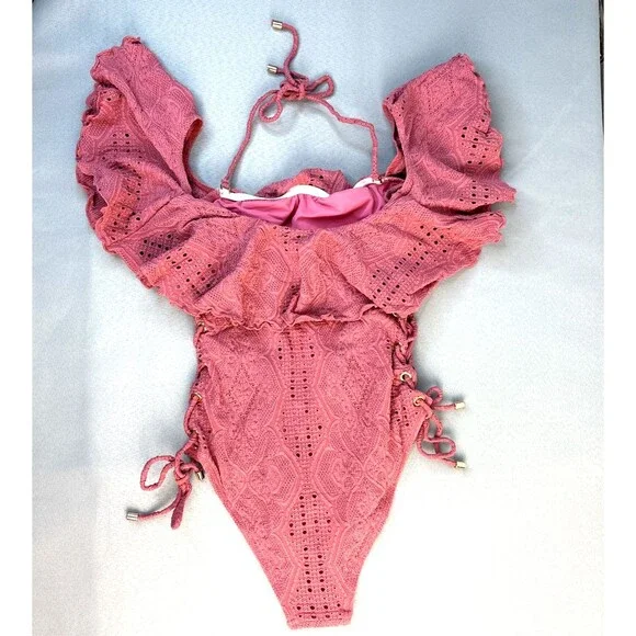 New Pink Swimsuit One Piece Lucia Ruffle Off Shoulder Side Tie Lined S-XL $170 - Picture 11 of 16